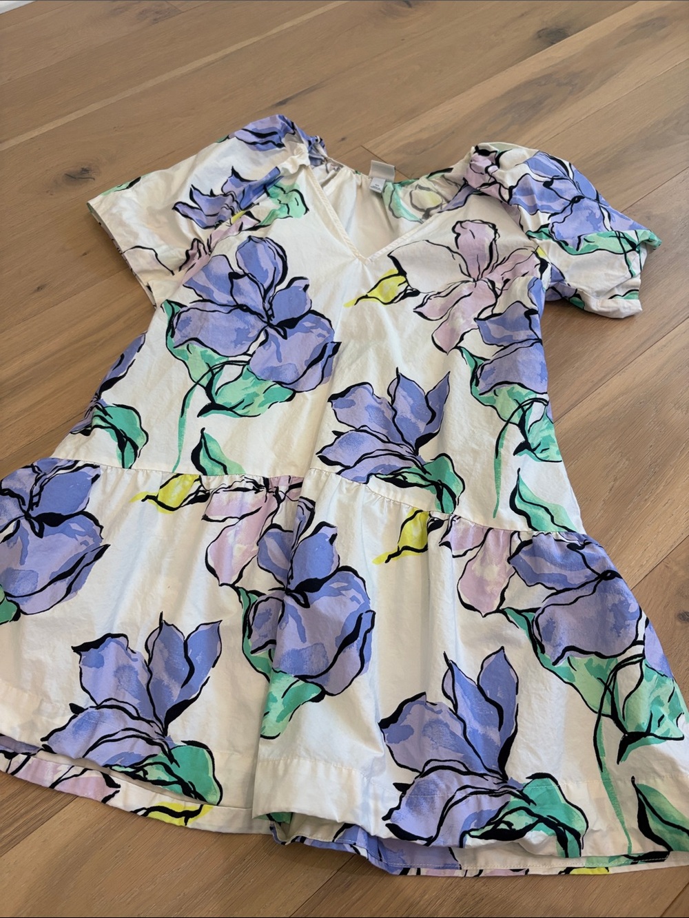 Women’s Cream Floral Tiered Mini Dress with Purple Blooms